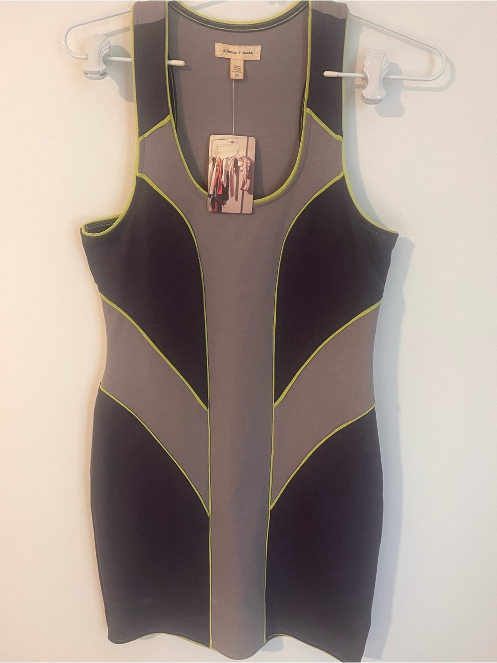 silence + noise Gray and Black Midi Dress with Lime Piping